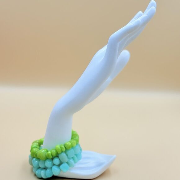 Chunky Beaded Stretch Bracelet - Lime Green & Aqua Blue Stones Boho Jewelry - Picture 3 of 7